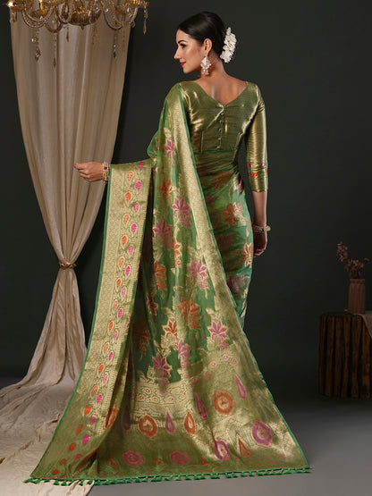 Women's Organza Light Green Woven Design Designer Saree With Blouse Piece