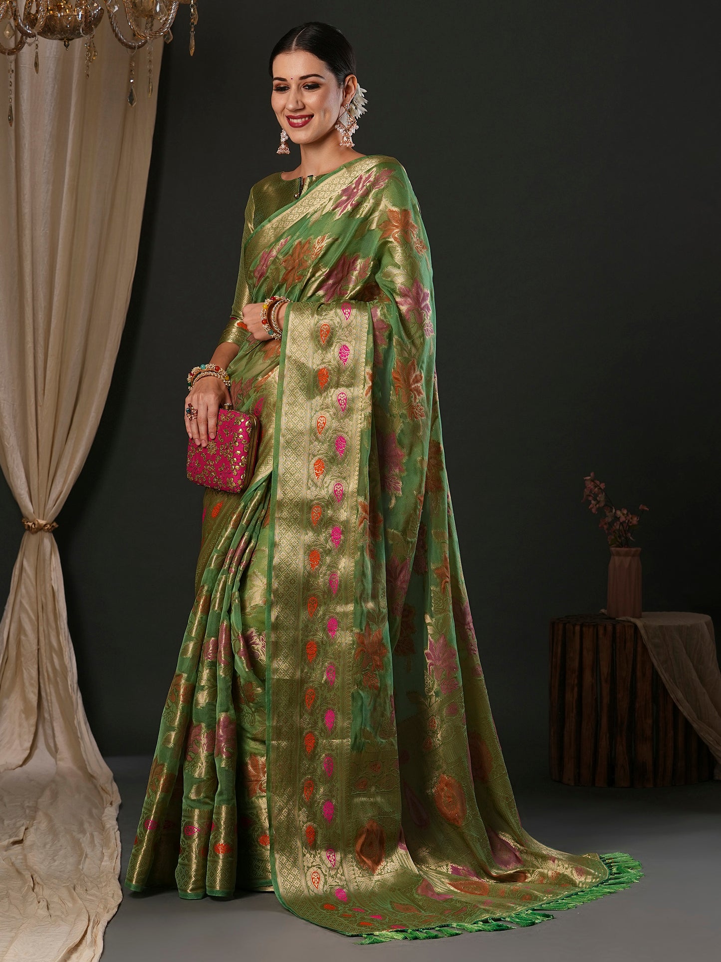 Women's Organza Light Green Woven Design Designer Saree With Blouse Piece
