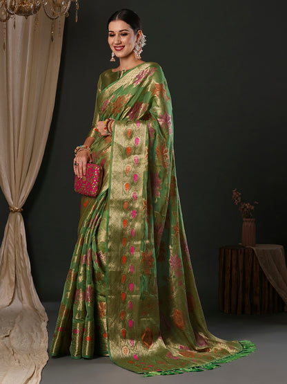 Women's Organza Light Green Woven Design Designer Saree With Blouse Piece