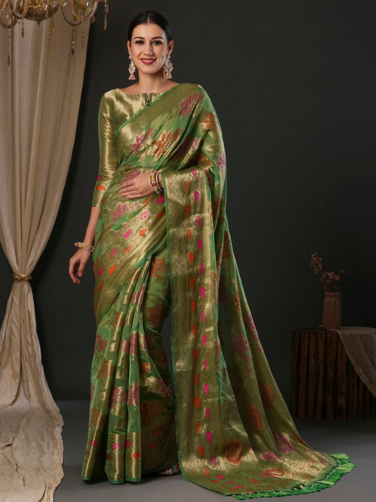 Women's Organza Light Green Woven Design Designer Saree With Blouse Piece