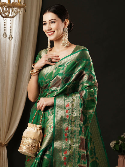 Women's Organza Teal green Woven Design Designer Saree With Blouse Piece
