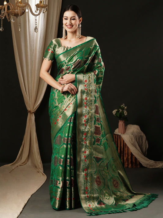 Women's Organza Teal green Woven Design Designer Saree With Blouse Piece