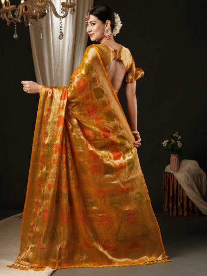 Women's Organza Yellow Woven Design Designer Saree With Blouse Piece