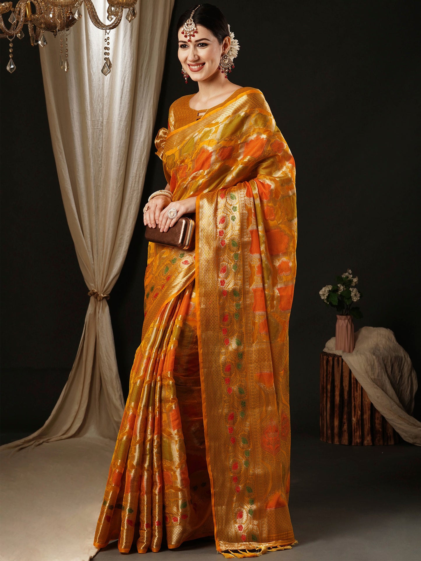 Women's Organza Yellow Woven Design Designer Saree With Blouse Piece