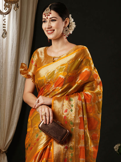 Women's Organza Yellow Woven Design Designer Saree With Blouse Piece