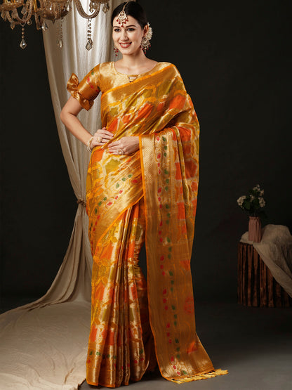 Women's Organza Yellow Woven Design Designer Saree With Blouse Piece