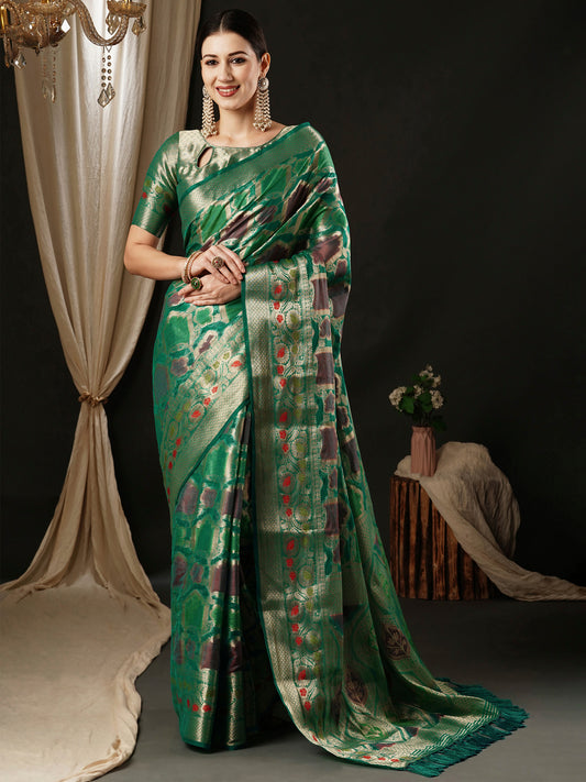 Women's Organza Teal blue Woven Design Designer Saree With Blouse Piece
