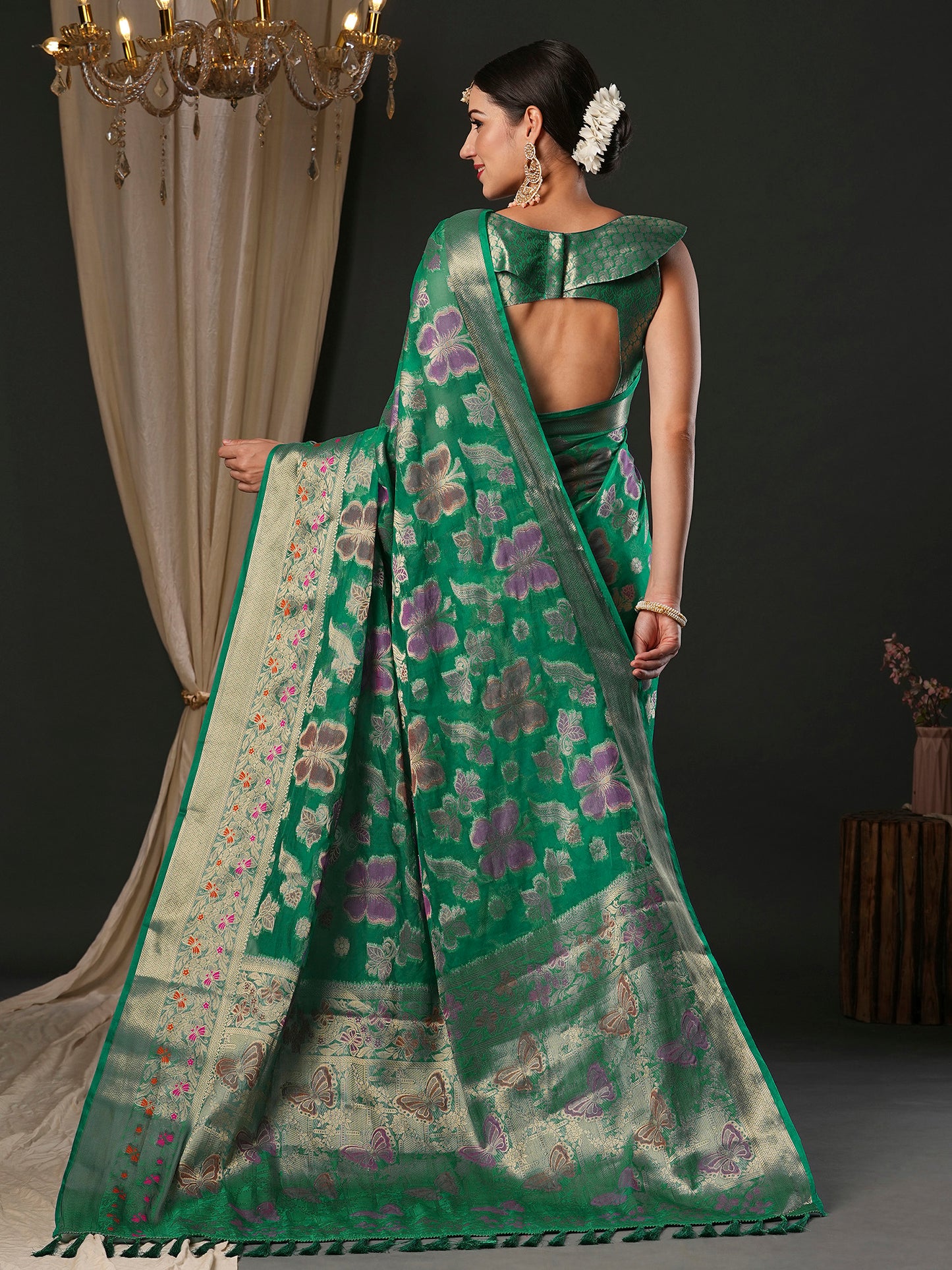 Women's Organza Teal green Woven Design Designer Saree With Blouse Piece