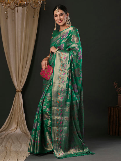 Women's Organza Teal green Woven Design Designer Saree With Blouse Piece