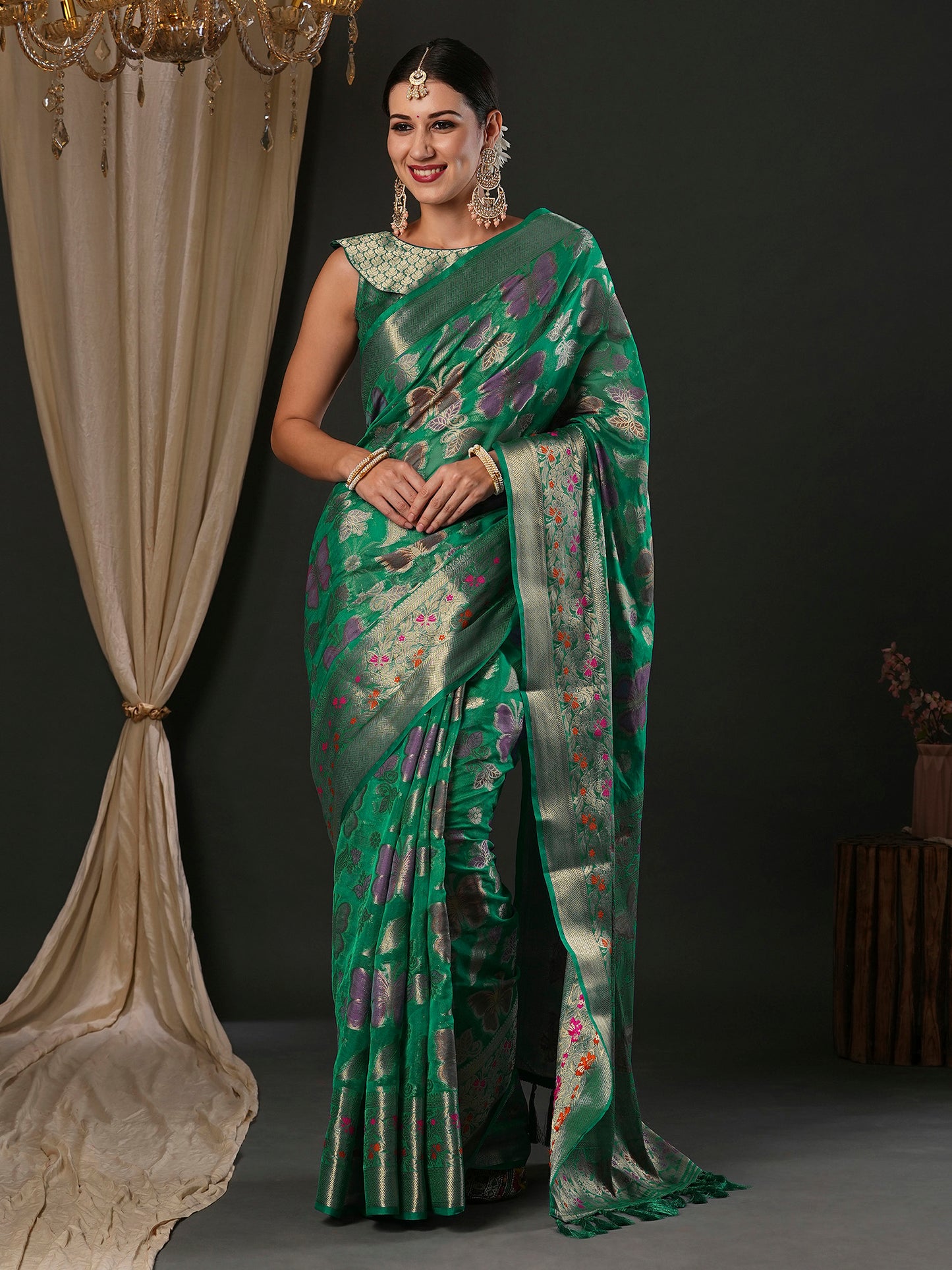 Women's Organza Teal green Woven Design Designer Saree With Blouse Piece
