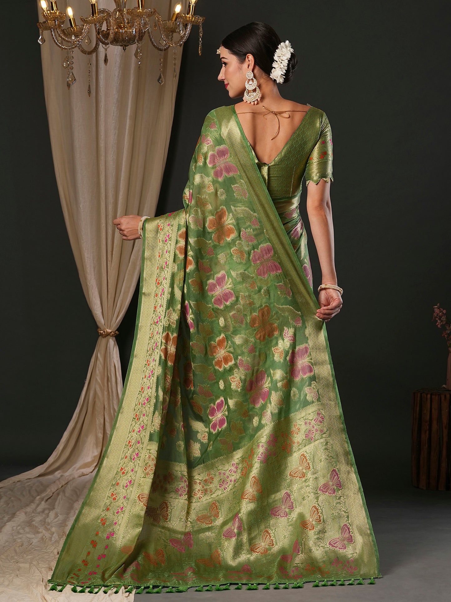Women's Organza Light Green Woven Design Designer Saree With Blouse Piece