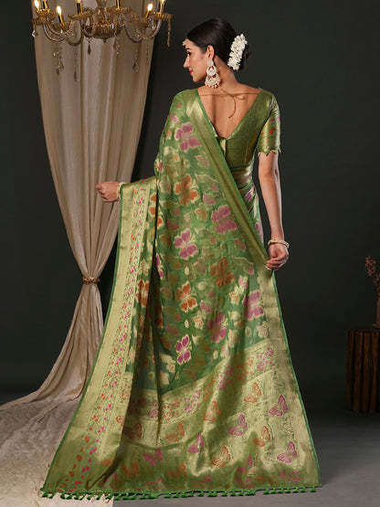 Women's Organza Light Green Woven Design Designer Saree With Blouse Piece