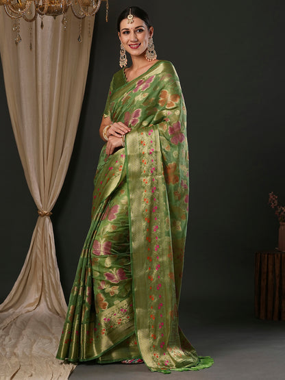 Women's Organza Light Green Woven Design Designer Saree With Blouse Piece