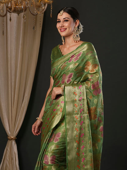 Women's Organza Light Green Woven Design Designer Saree With Blouse Piece
