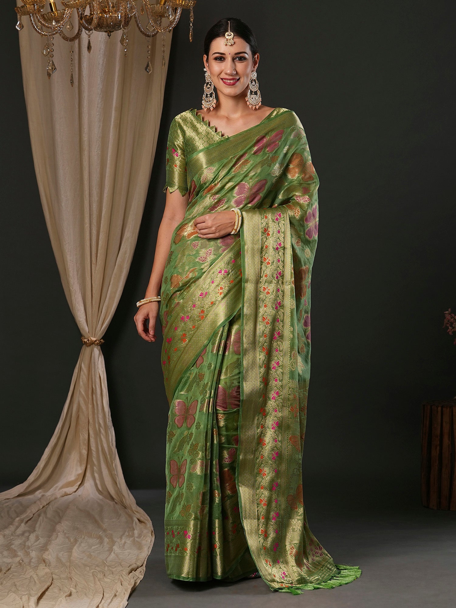 Women's Organza Light Green Woven Design Designer Saree With Blouse Piece