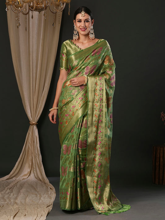 Women's Organza Light Green Woven Design Designer Saree With Blouse Piece