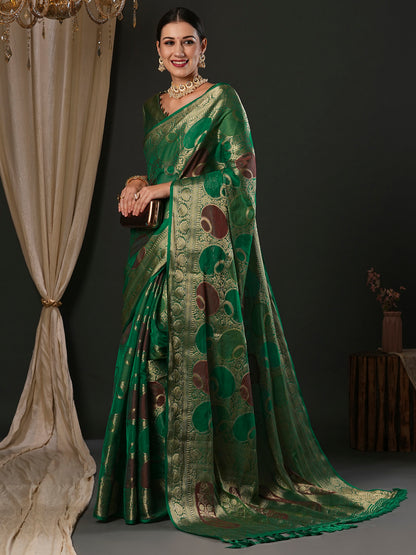 Women's Georgette Teal green Woven Design Designer Saree With Blouse Piece