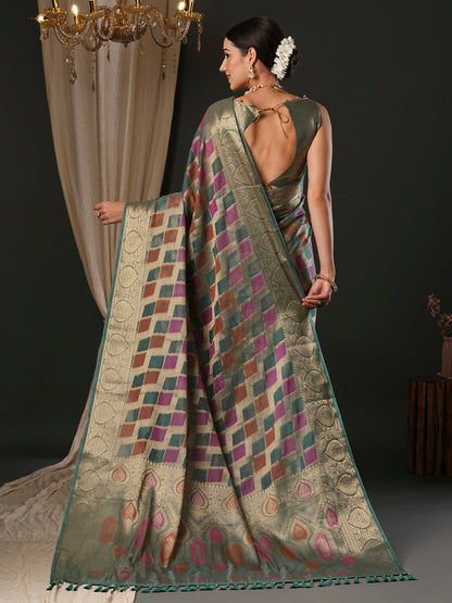 Women's Organza Sea Green Woven Design Designer Saree With Blouse Piece