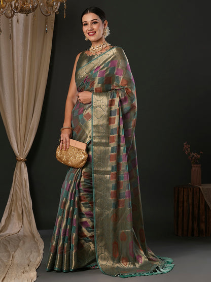 Women's Organza Sea Green Woven Design Designer Saree With Blouse Piece