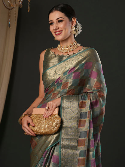 Women's Organza Sea Green Woven Design Designer Saree With Blouse Piece