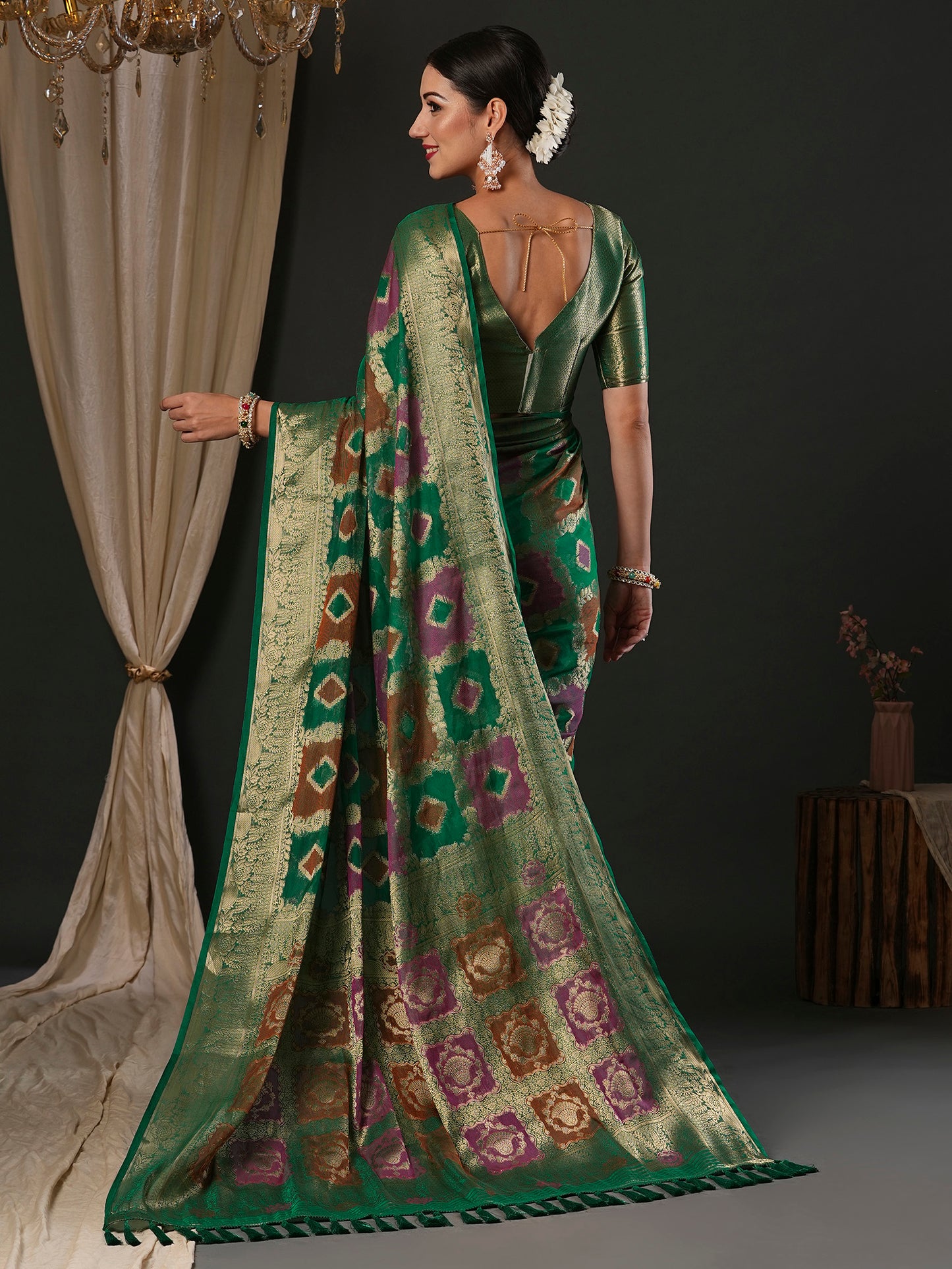 Women's Organza Teal green Woven Design Designer Saree With Blouse Piece