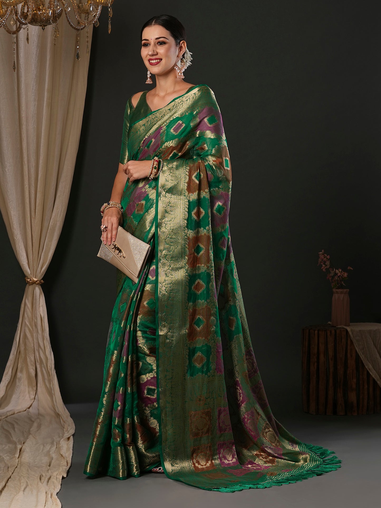 Women's Organza Teal green Woven Design Designer Saree With Blouse Piece