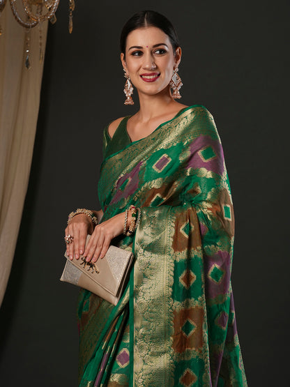 Women's Organza Teal green Woven Design Designer Saree With Blouse Piece