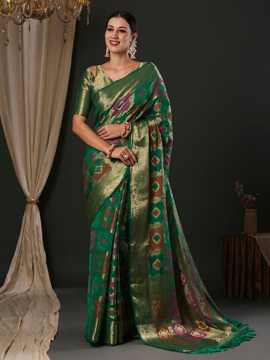 Women's Organza Teal green Woven Design Designer Saree With Blouse Piece