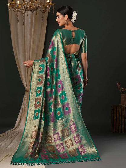 Women's Organza Light Blue Woven Design Designer Saree With Blouse Piece