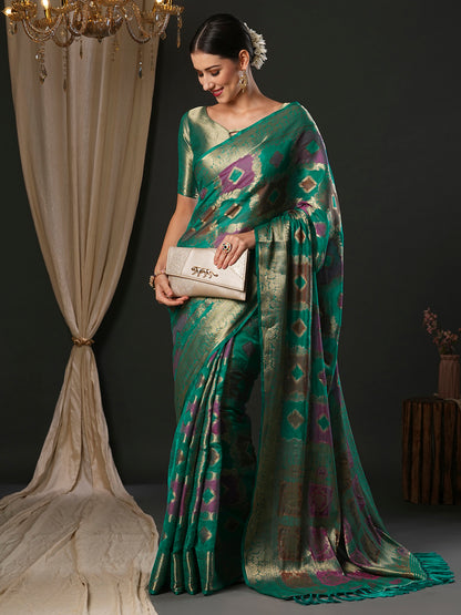 Women's Organza Light Blue Woven Design Designer Saree With Blouse Piece