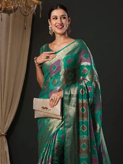 Women's Organza Light Blue Woven Design Designer Saree With Blouse Piece