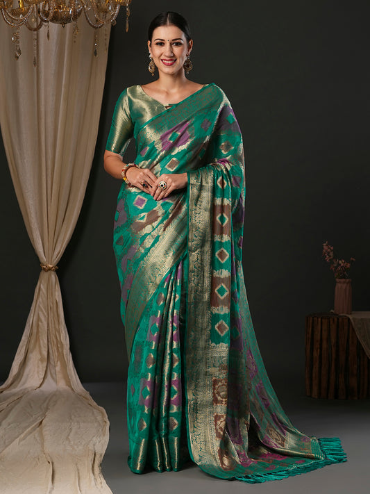 Women's Organza Light Blue Woven Design Designer Saree With Blouse Piece