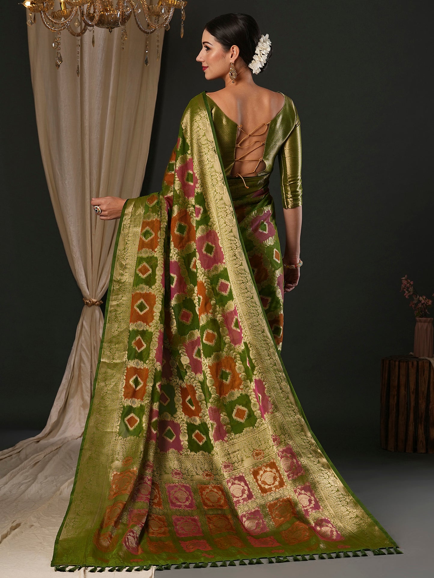 Women's Organza Olive Woven Design Designer Saree With Blouse Piece