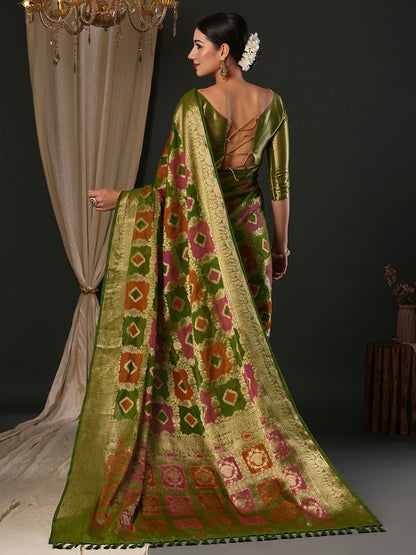 Women's Organza Olive Woven Design Designer Saree With Blouse Piece