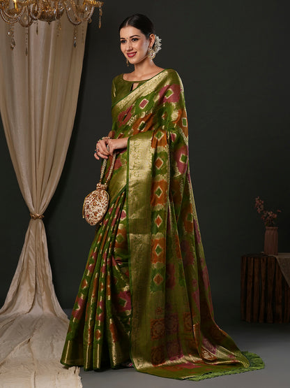 Women's Organza Olive Woven Design Designer Saree With Blouse Piece
