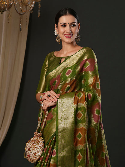 Women's Organza Olive Woven Design Designer Saree With Blouse Piece