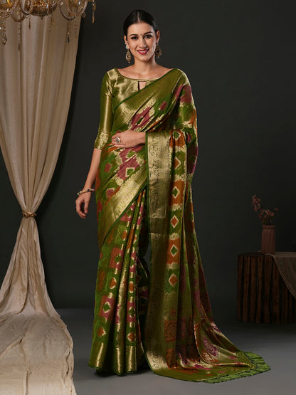 Women's Organza Olive Woven Design Designer Saree With Blouse Piece