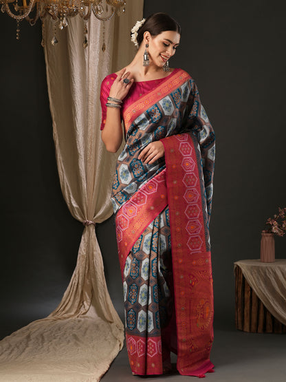 Women's Silk Blend Pink Woven Design Designer Saree With Blouse Piece