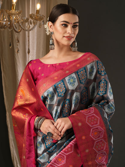 Women's Silk Blend Pink Woven Design Designer Saree With Blouse Piece