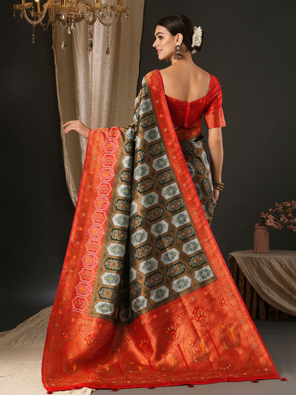 Women's Silk Blend Red Woven Design Designer Saree With Blouse Piece