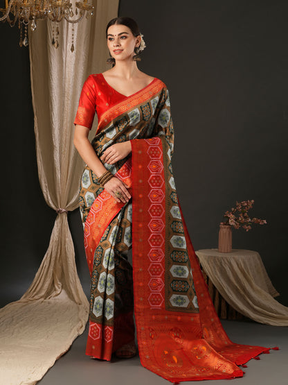 Women's Silk Blend Red Woven Design Designer Saree With Blouse Piece