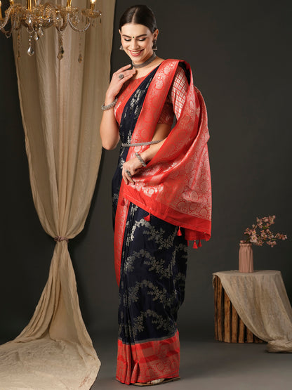 Women's Georgette Red Woven Design Designer Saree With Blouse Piece