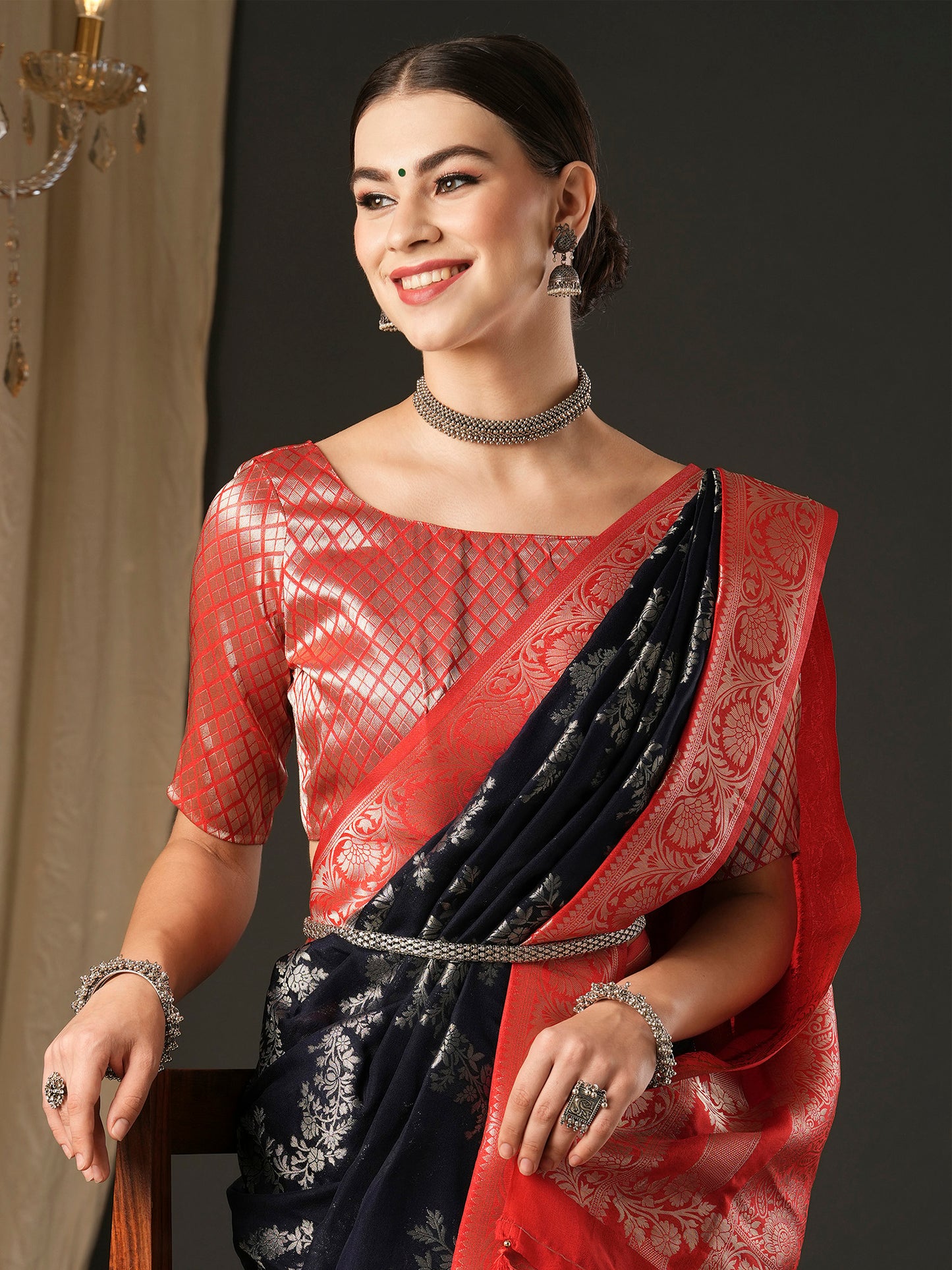 Women's Georgette Red Woven Design Designer Saree With Blouse Piece