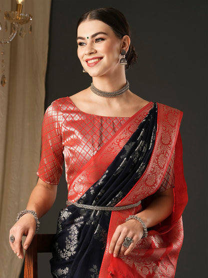 Women's Georgette Red Woven Design Designer Saree With Blouse Piece