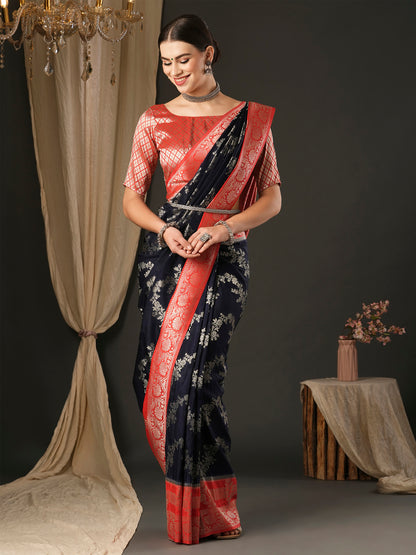 Women's Georgette Red Woven Design Designer Saree With Blouse Piece