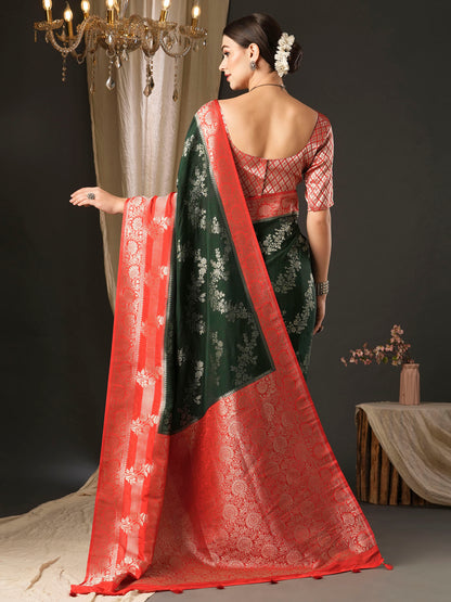 Women's Georgette Red Woven Design Designer Saree With Blouse Piece