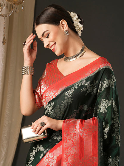 Women's Georgette Red Woven Design Designer Saree With Blouse Piece