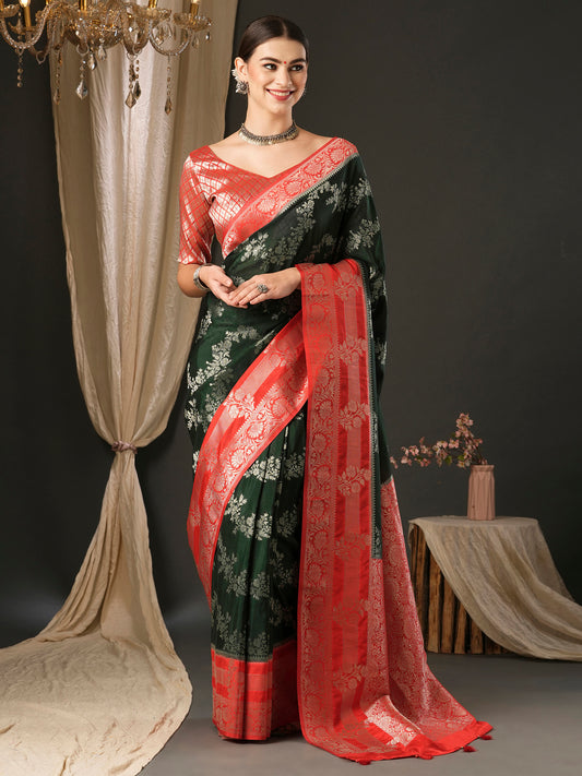 Women's Georgette Red Woven Design Designer Saree With Blouse Piece