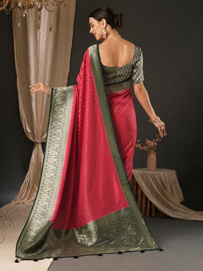 Women's Georgette Green Woven Design Designer Saree With Blouse Piece