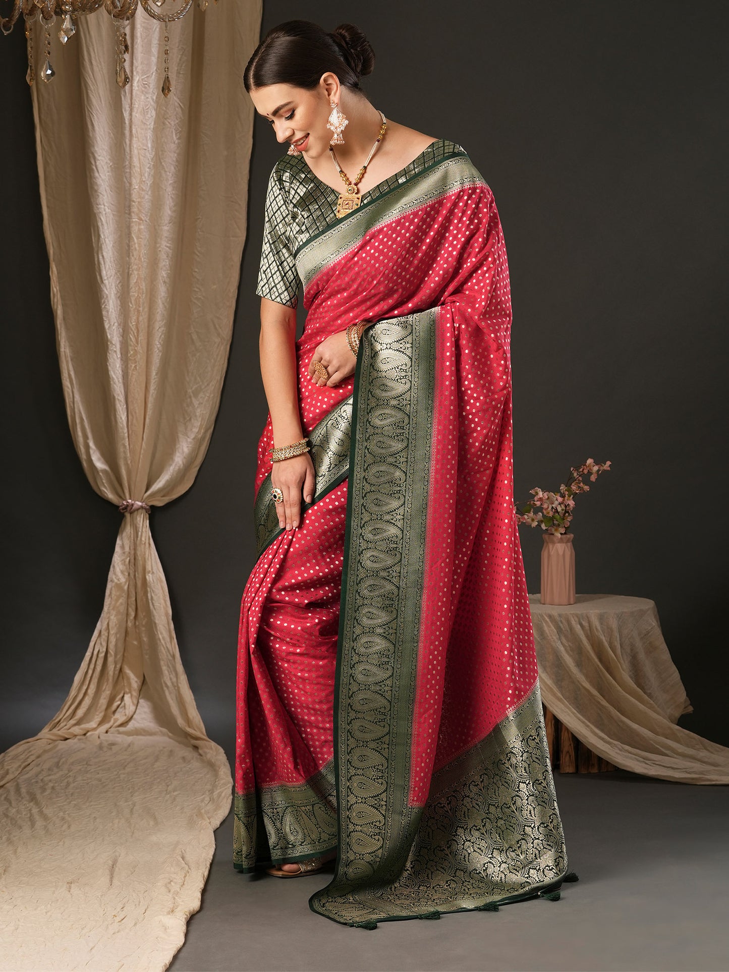 Women's Georgette Green Woven Design Designer Saree With Blouse Piece